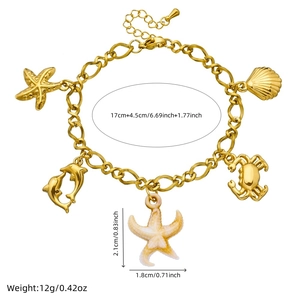 Bracciale in acciaio inossidabile dorato con ciondoli oceanici stella marina e delfino su catena