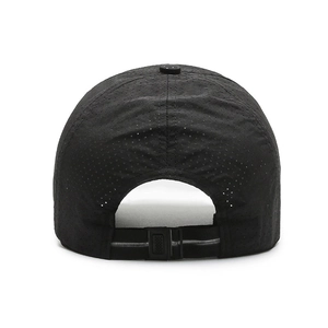 Rear view of black breathable mesh baseball cap with adjustable strap and quick-dry fabric