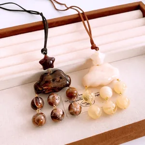 Resin Cloud Pendant Beaded Necklace With Suede Cord Marble Texture Retro Ethnic Style Long Sweater Chain For Women