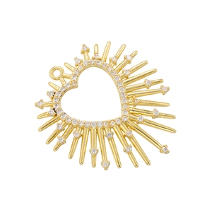 Macro detail of 18K gold plated sunflower heart pendant with inlaid crystals and evil eye