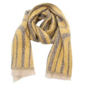 Detail of yellow and grey boucle yarn scarf with geometric pattern and fringed edges