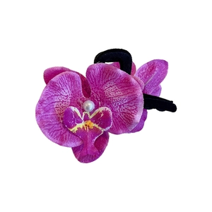 Pink orchid flower hair claw clip with white pearl center for elegant hairstyling