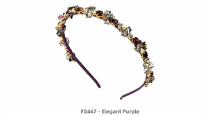 Detailed shot of elegant purple handmade beaded headband with luxury crystals and gold clips