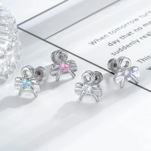 Bowknot Heart Ear Cartilage Stud Titanium Steel Zircon Piercing Jewelry Screw Back Earring For Women