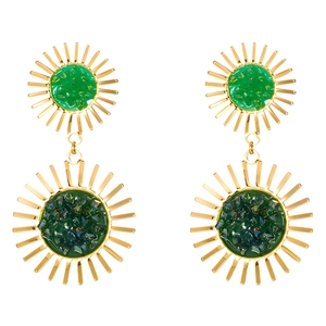 Gold-plated sunflower drop earrings with green zircon stones and tassel design