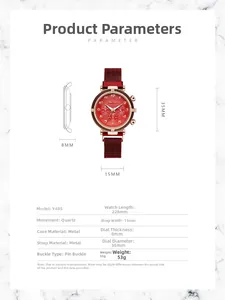 Spécifications détaillées d'une montre à quartz rouge avec cadran 35mm et bracelet maille