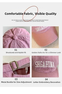 Detailed views of pink cotton baseball cap with white letter embroidery and metal buckle