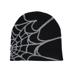 Y2K knit beanie with grey spider web pattern on black fabric for men and women