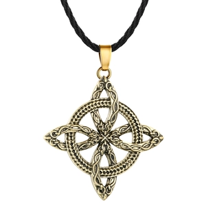 Antique bronze Slavic pendant necklace with intricate Celtic knotwork on black cord