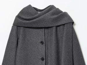 Detail shot of a dark grey wool coat featuring a scarf-style collar and black resin buttons