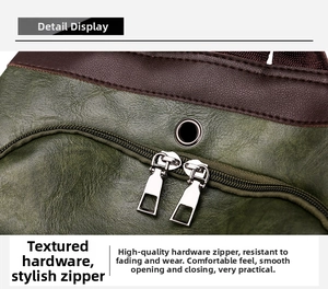 Detailed macro view of dual metal zippers and headphone port on green leather backpack