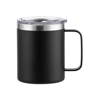Matte black 12oz stainless steel insulated mug with handle and transparent lid