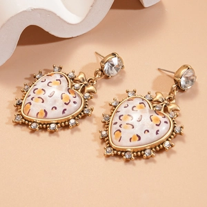 Vintage leopard heart earrings with sparkling rhinestones and gold-tone finish for women