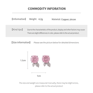 Pink zircon flower earring specs showing 1.5cm height and copper material details