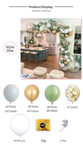Balloon arch kit with sage green, gold, and white balloons in various sizes with sequins