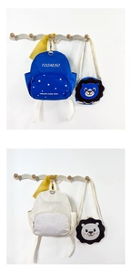 Detail view of lion kids backpack set with detachable crossbody bag in blue and beige