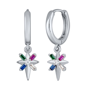 S925 silver hoop earrings with octagonal star charms and colorful zircon stones
