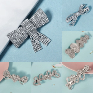 Luxury silver crystal bow and heart hair clips set for elegant evening party hairstyles