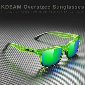 Detail view of KDEAM oversized square polarized sunglasses with green translucent frames