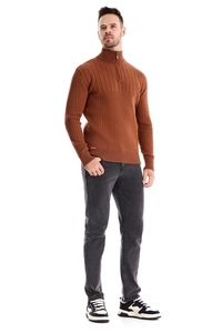 Detail of premium brown ribbed knit sweater featuring a stand collar half-zip design
