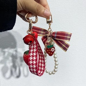 Sweet strawberry keychain with red bell, pearl chain and houndstooth bow accessory