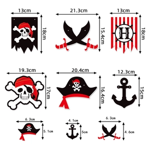Detailed size specifications for pirate themed birthday party hanging banners and decorations