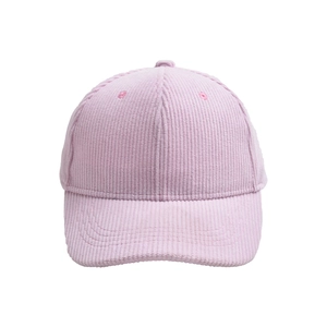 Detailed view of the soft pink corduroy fabric texture on a stylish baseball cap