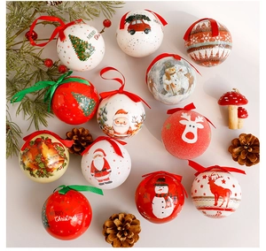 Flat lay of 8cm Christmas ball ornaments with festive patterns and decorative pine cones