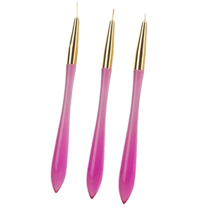 Set of 3 professional nail art liner brushes with transparent magenta handles and gold ferrules