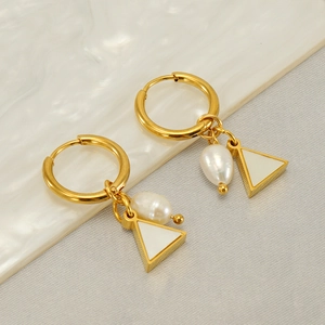 Stainless Steel Hoop Earrings With Artificial Baroque Pearl And Triangular Mother Of Artificial Pearl Pendants Geometric 18K Gold Plated Women