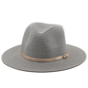 Close-up of grey woven fedora hat featuring a fine brown leather band and metal buckle