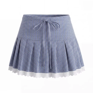Blue and white plaid pleated mini skirt with white lace hem and drawstring waist