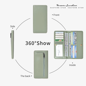 Slim RFID blocking long wallet for women in pale green PU leather with multi-card slots