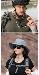 Detail of adjustable windproof strap and metal air vents on outdoor sun bucket hats