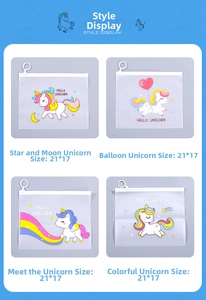 Detail of cute unicorn waterproof zippered storage bags measuring 21x17cm for students