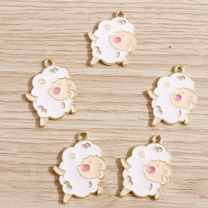 Pack of five white enamel sheep charms with gold metal plating for DIY jewelry making