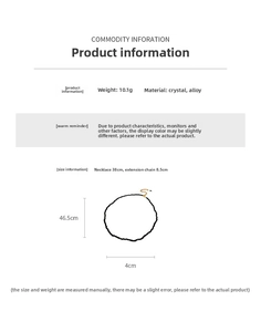 Detailed size chart for black crystal beaded necklace with golden extension chain specs