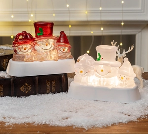 Close-up of glowing snowman music box LED lights on warm festive background