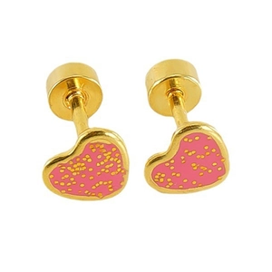 French style heart earrings in gold plated titanium steel with pink enamel dots