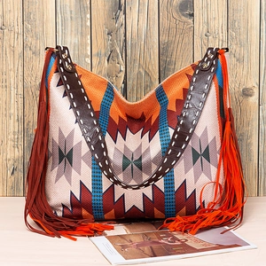 Detail of bohemian woven tote bag showing geometric patterns, tassels and leather strap