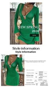 Detail view of green crochet dress with deep V-neck, metal ring, and 100% viscose label