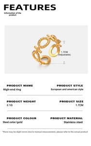 Detail of 18k gold plated stainless steel ring with X and O hollow woven texture