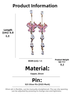 Detailed view of pink zircon butterfly tassel earrings with 6.8cm length measurements