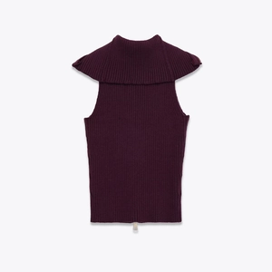 Haut en maille côtelée sans manches violet foncé avec col roulé et détail zip métallique
