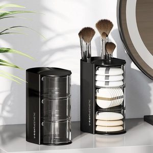 Rotating Makeup Organizer Box Multi-Layer Transparent Drawers ABS Plastic Cosmetic Storage For Powder Puff Brush Vanity
