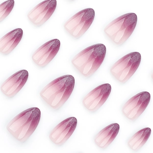French style purple gradient press-on nails with silver glitter in almond shape