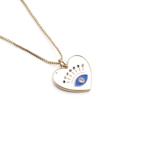 Gold plated heart pendant necklace with blue eye enamel and colorful crystals