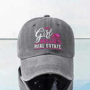Classic washed grey cotton baseball cap with Real Estate Girl embroidery and pink house icon