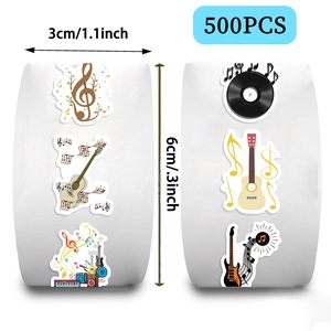 Detailed view of 500pcs music themed stickers roll with 3cm guitar and vinyl icons