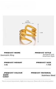 Macro detail of golden geometric spiral ring showing adjustable size and dimensions